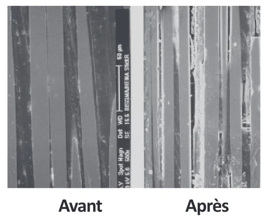 Fibres de verre au microscope – avant / après